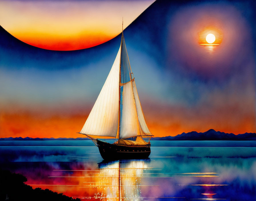 Sailboat on Tranquil Waters at Sunset with Shimmering Reflections