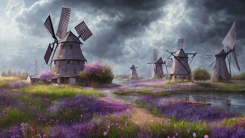 Traditional windmills by river with purple wildflowers under stormy sky