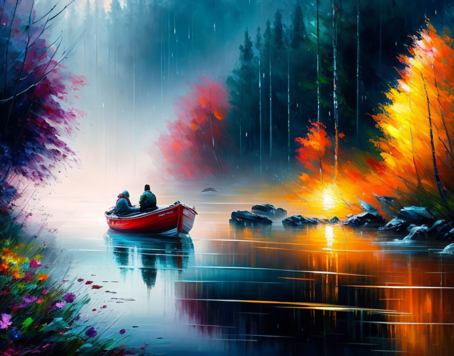 Autumn scene: Two people in red boat on serene lake with colorful trees and gentle rain