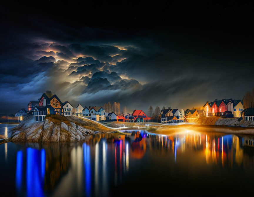 Colorful Houses Illuminated by Lake Under Dramatic Night Sky