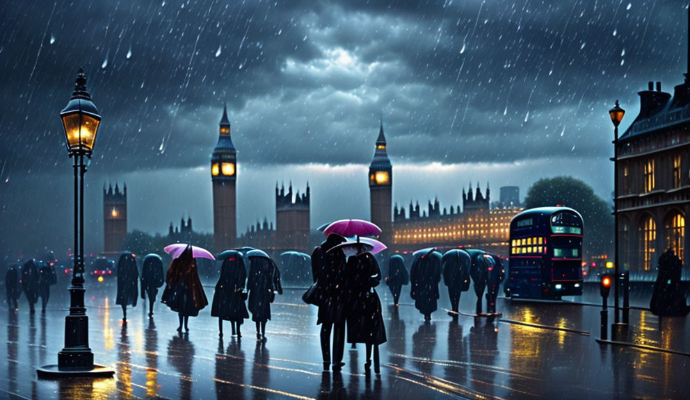 Rainy urban scene: street with umbrellas, Big Ben, double-decker bus, & street