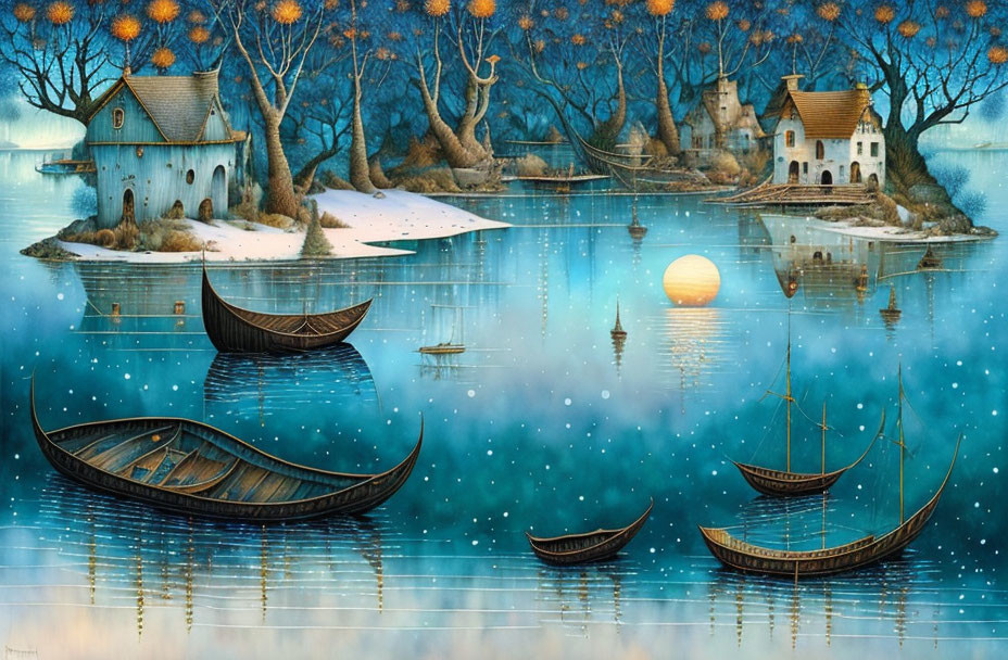 Traditional boats on blue lake with snow patches, quaint houses, bare trees, and orange dusk sky