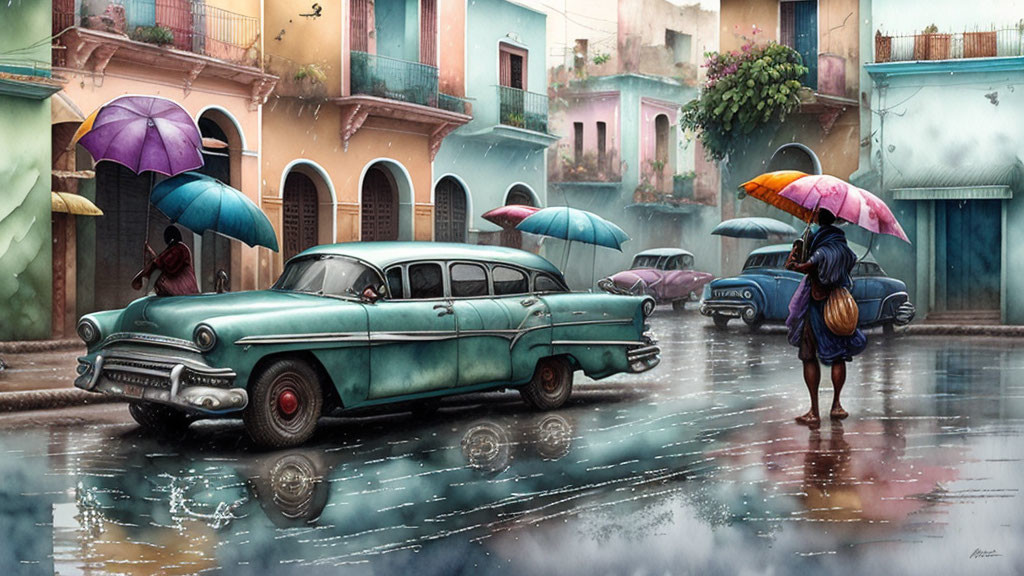 Vintage Cars and Colorful Umbrellas in Rainy Street Scene