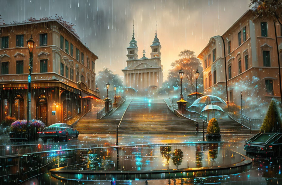 Rain-Soaked Urban Street with Elegant Buildings and Lights