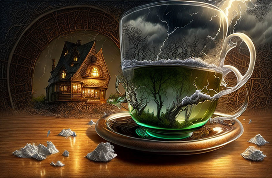 Surreal Teacup Landscape with Stormy Sky and House