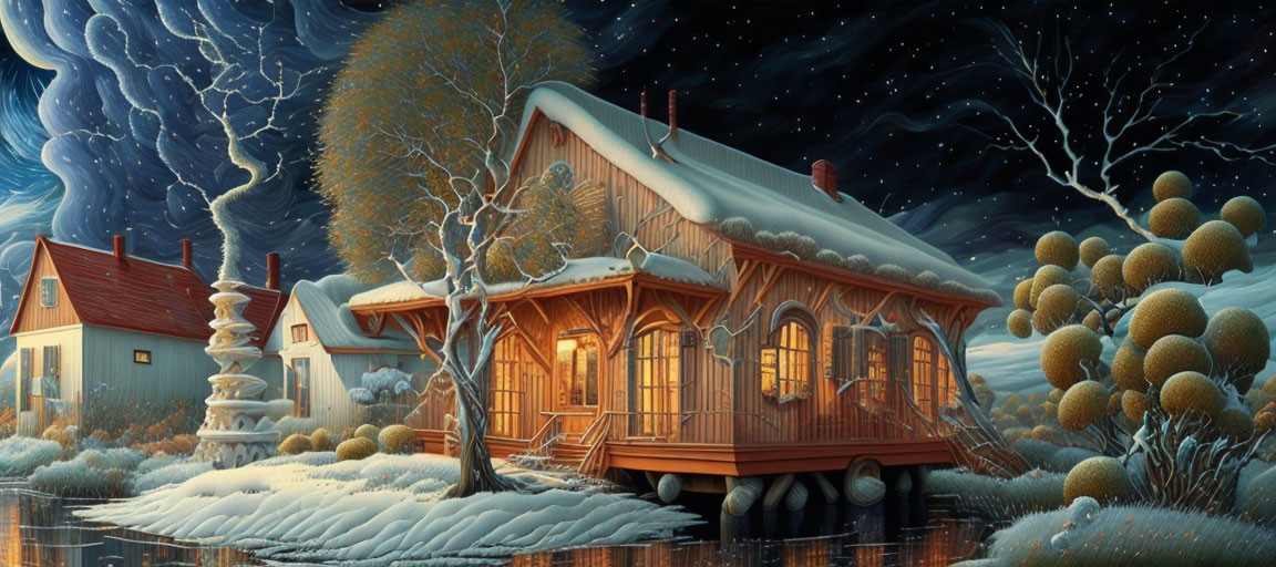 Cozy wooden house in snowy winter night landscape