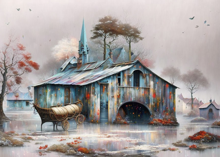 Colorful rustic barn painting with towers, wooden cart, village, birds, and hazy sky