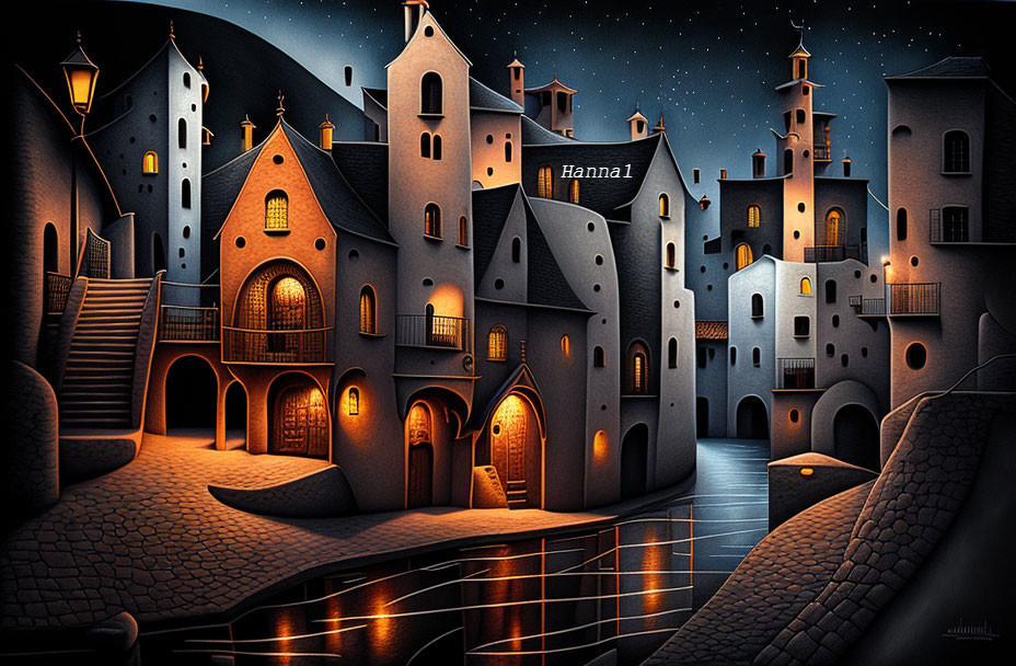 Whimsical nighttime village with illuminated windows, cobblestone paths, and serene river