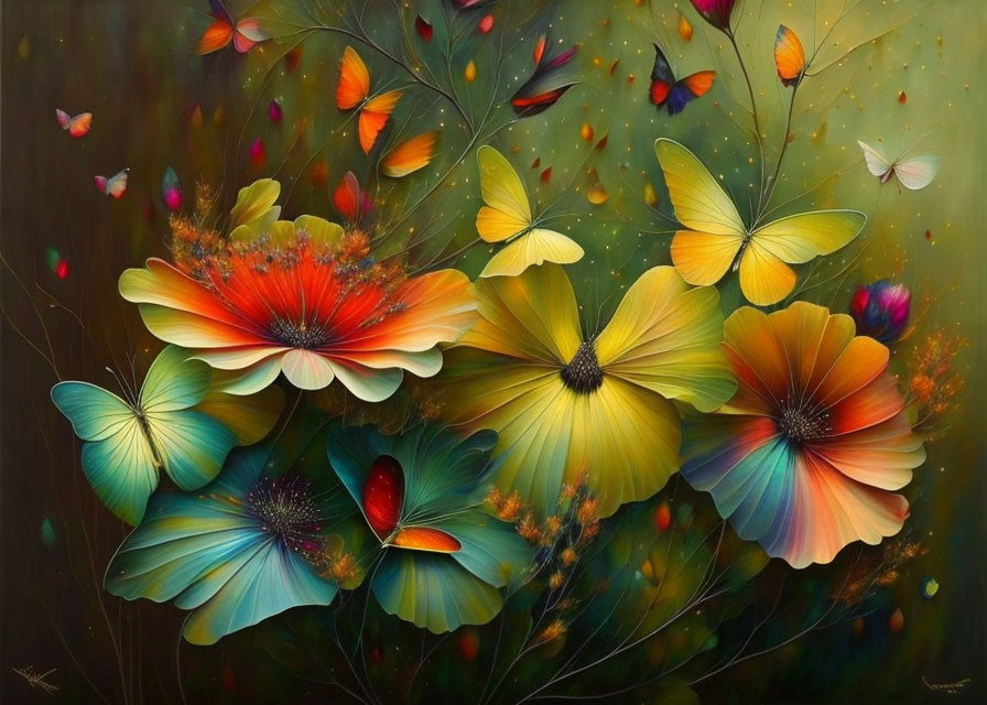 Colorful Flowers and Butterflies in Dreamy Digital Art