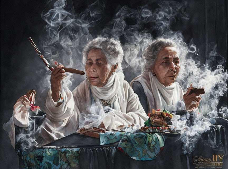 Elderly women dining and smoking cigars in dimly lit ambiance