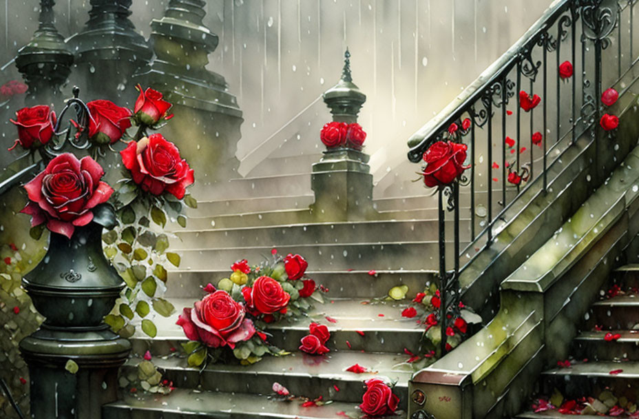 Vintage Staircase with Red Roses in Misty Rain