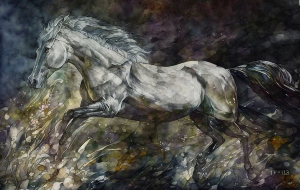 Gray horse galloping in watercolor style with multicolored abstract background