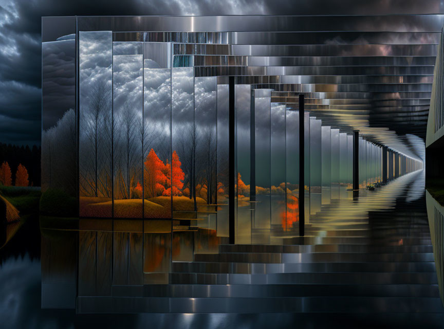 Autumnal landscape merges with modern building in surreal image