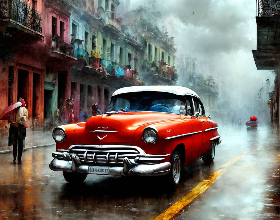 Vintage Red Car on Rainy Street with Colorful Buildings and Person with Umbrella