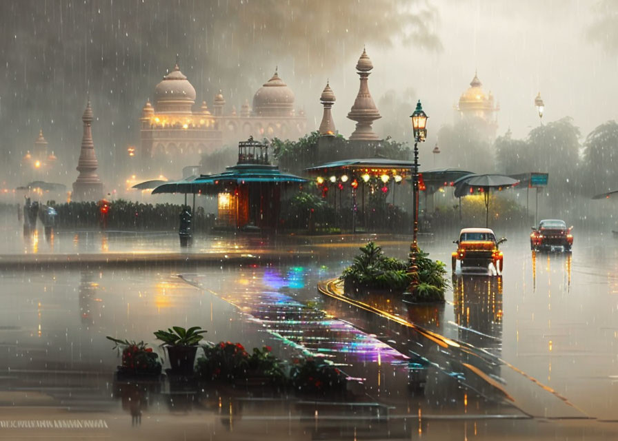 Reflective rainy evening scene with traditional architecture, street lamps, and vehicles.