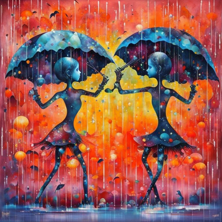 Stylized figures with umbrellas in vibrant rain scene