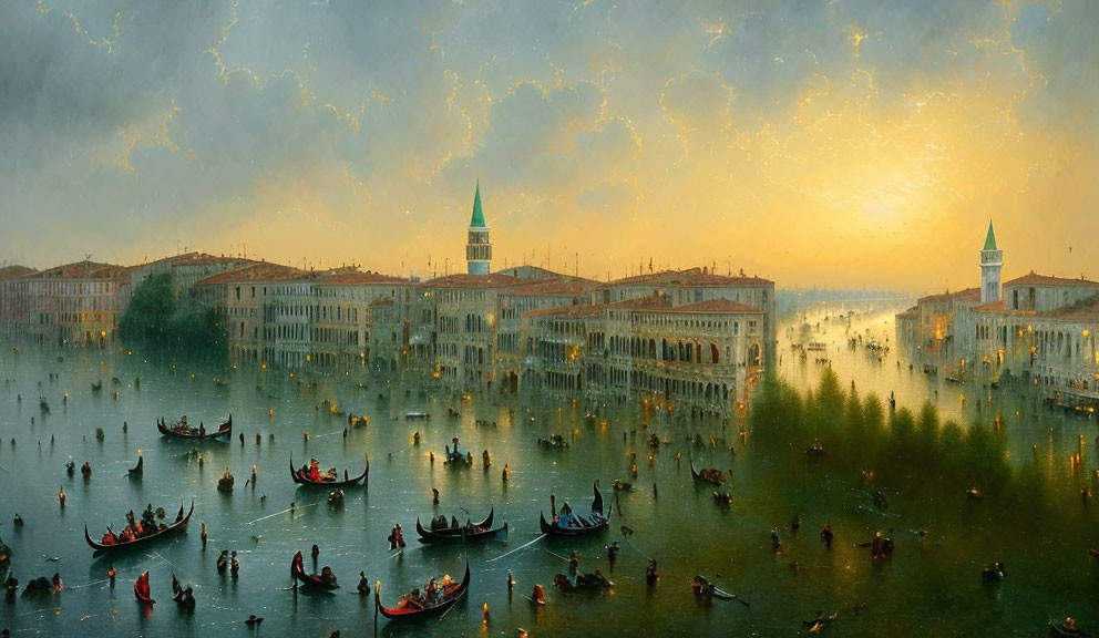 Panoramic Venice view: gondolas, iconic architecture, and waterways at sunset