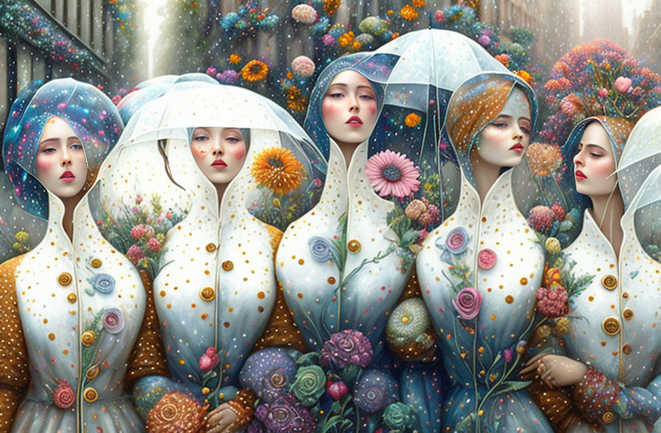 Surreal Garden Scene with Elegant Women and Umbrellas