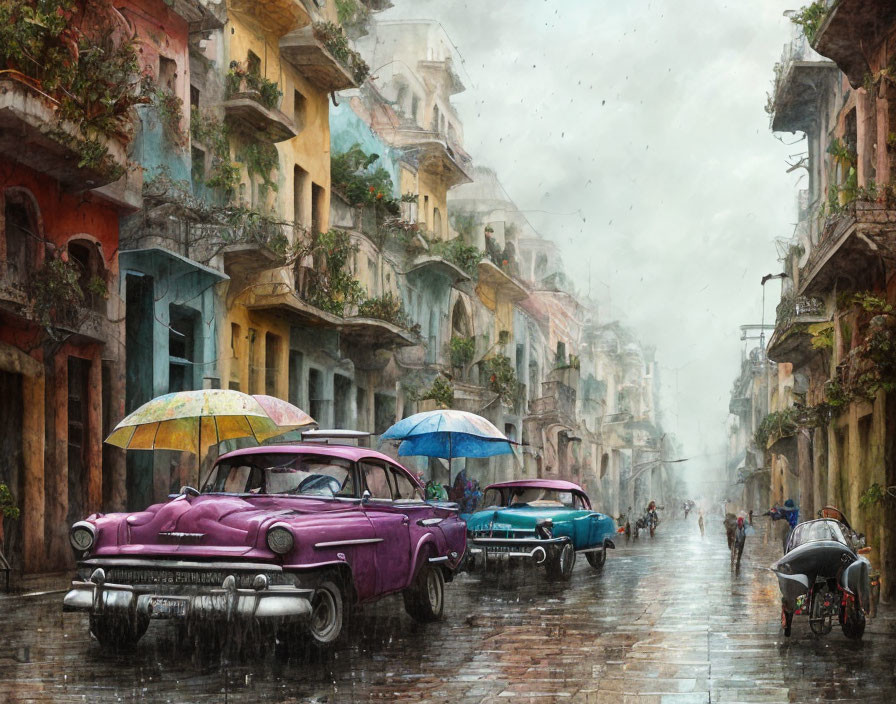 Vintage Cars and Colorful Buildings in Rainy Street Scene