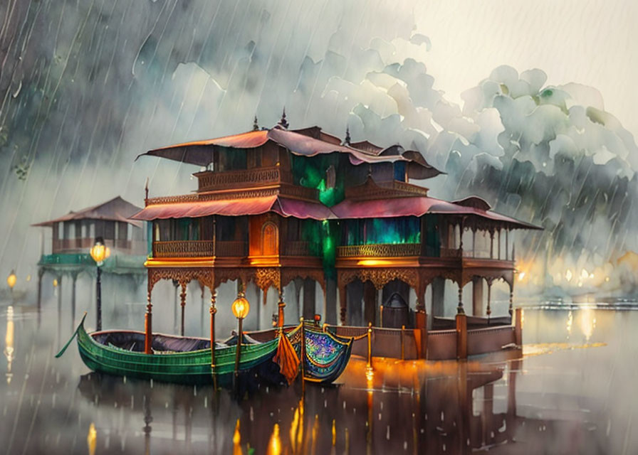 Traditional wooden house on stilts near serene lake with warm lights and boats in rain-soaked ambiance