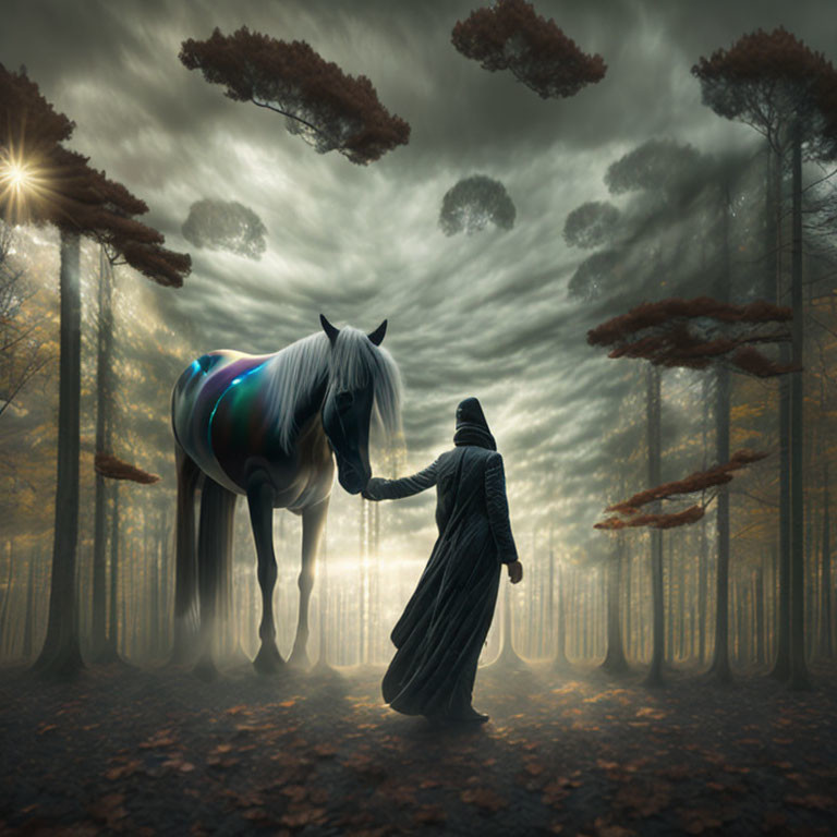 Majestic horse approached by cloaked figure in mystical forest