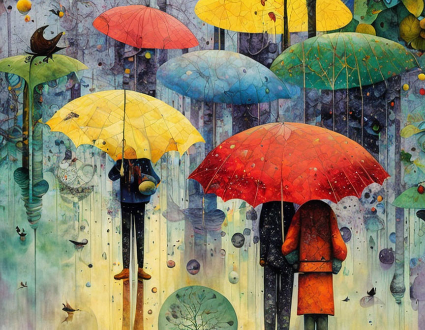 Vibrant umbrellas in whimsical rainforest scene