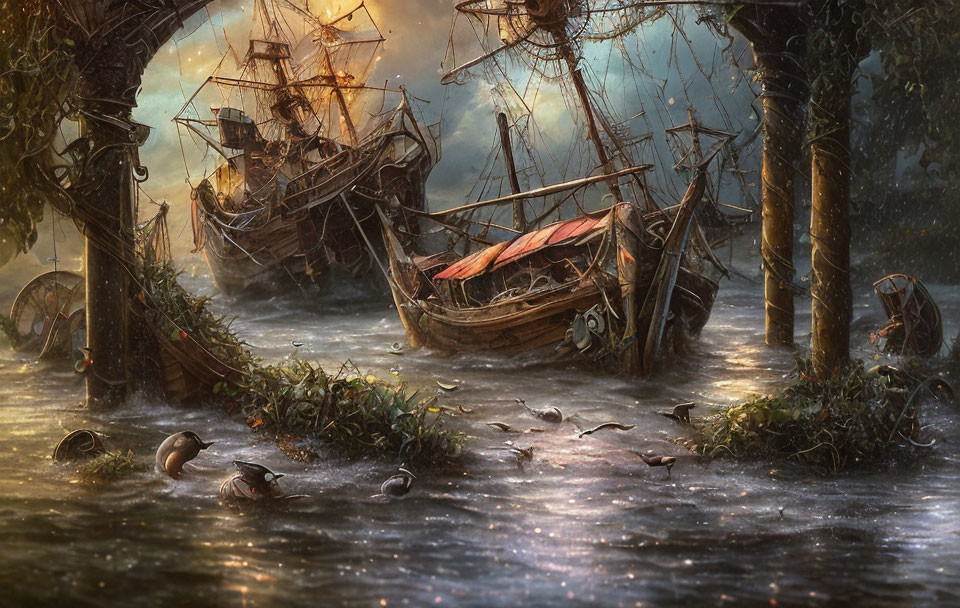 Ethereal flooded forest with abandoned ships and mystical light