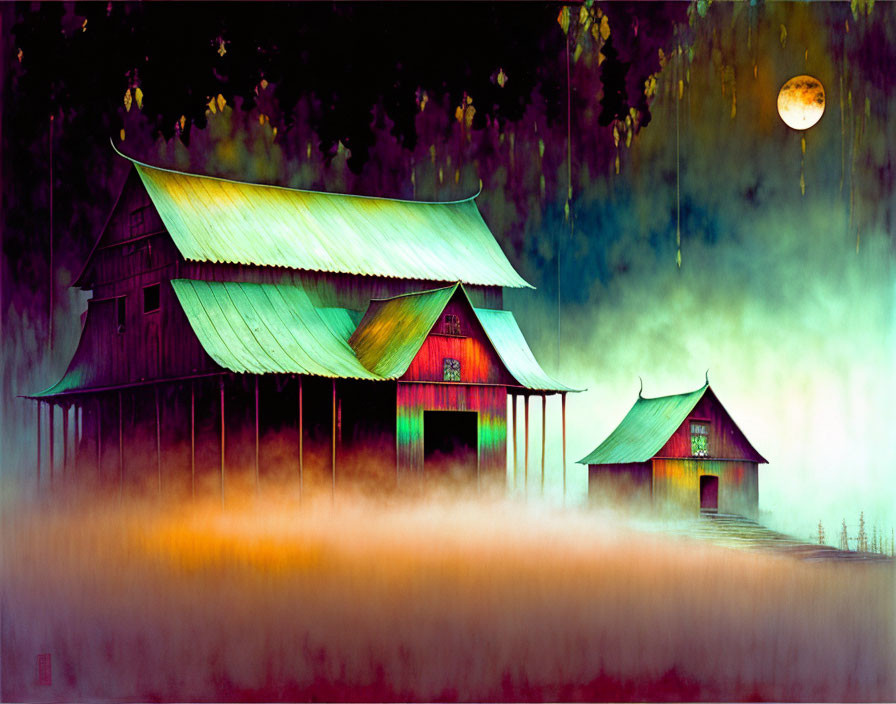 Traditional stilted house and hut at night with mist, trees, and full moon