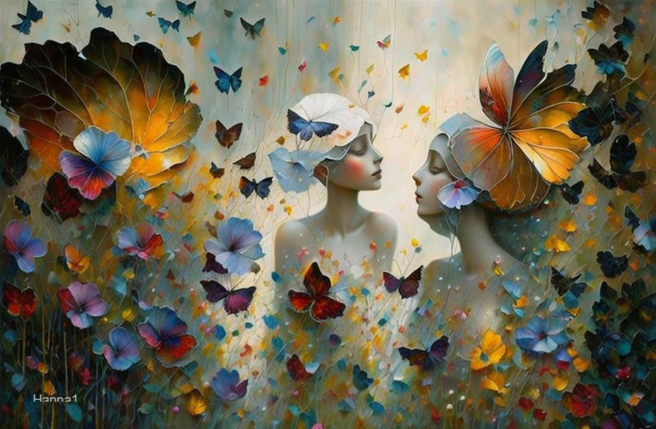 Ethereal figures with butterfly wing hair in colorful butterfly-filled scene