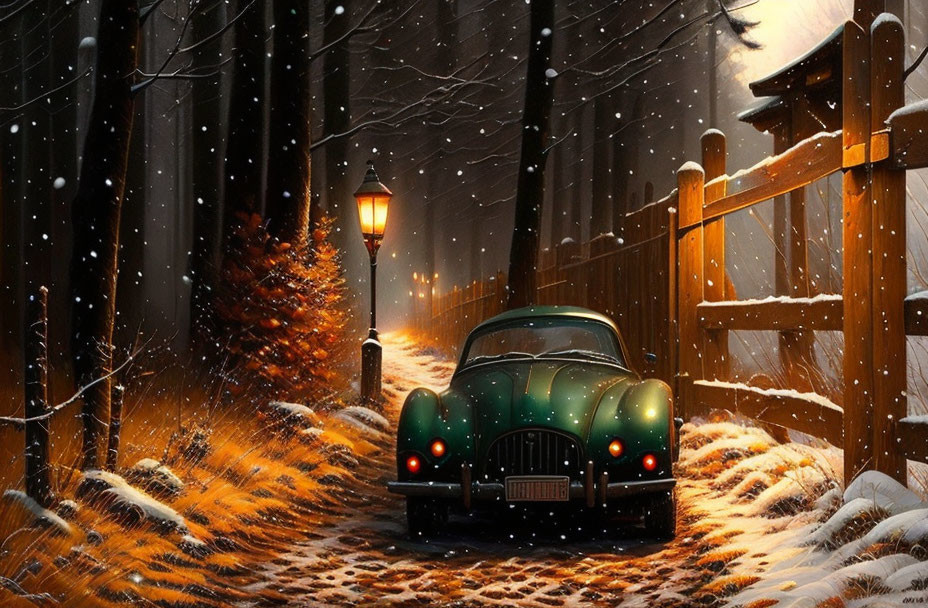 Vintage Green Car on Snowy Forest Path