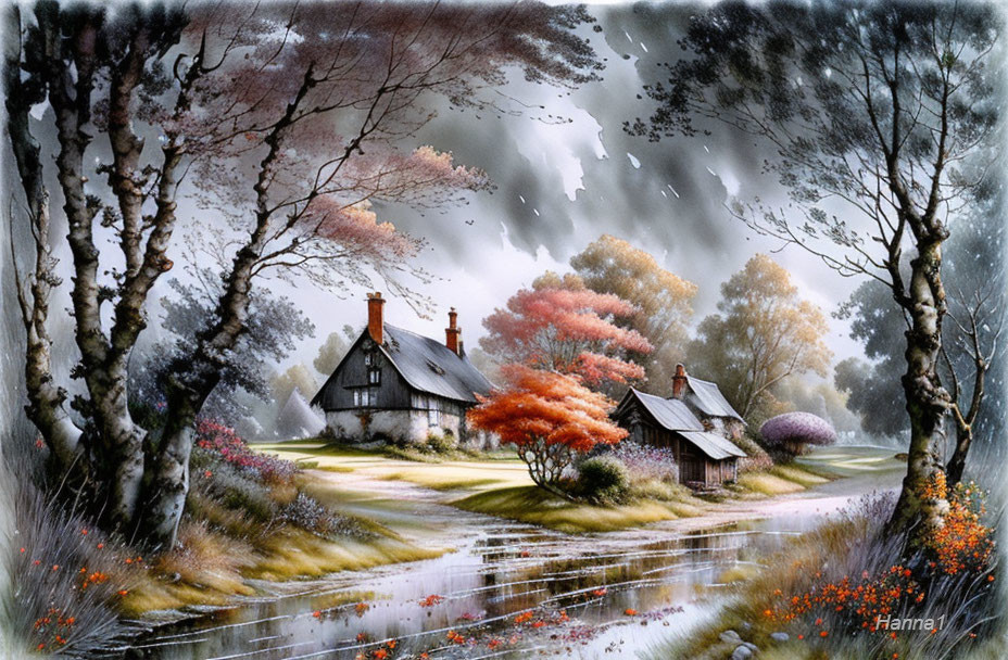 Scenic village painting with thatched cottages, glistening stream, birch trees, and mo