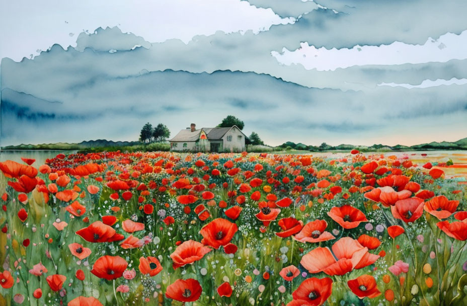 Colorful Watercolor Painting of Poppy Field with Cottage under Cloudy Sky