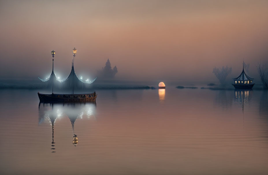 Tranquil twilight scene with ornate boats on calm waters