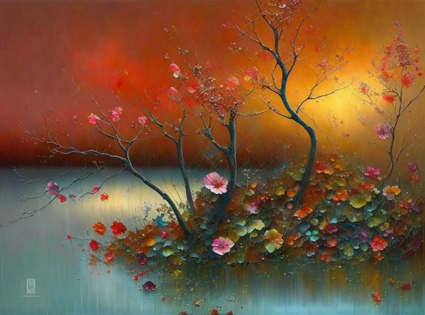 Colorful painting of two blossoming trees in a serene landscape