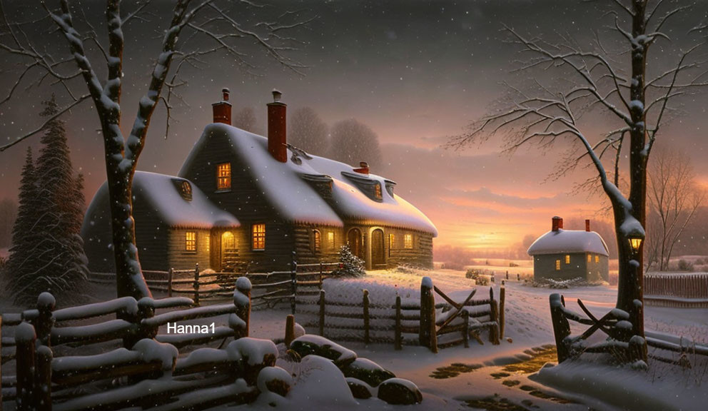 Snowy Dusk Landscape with Cozy Cottages and Falling Snow