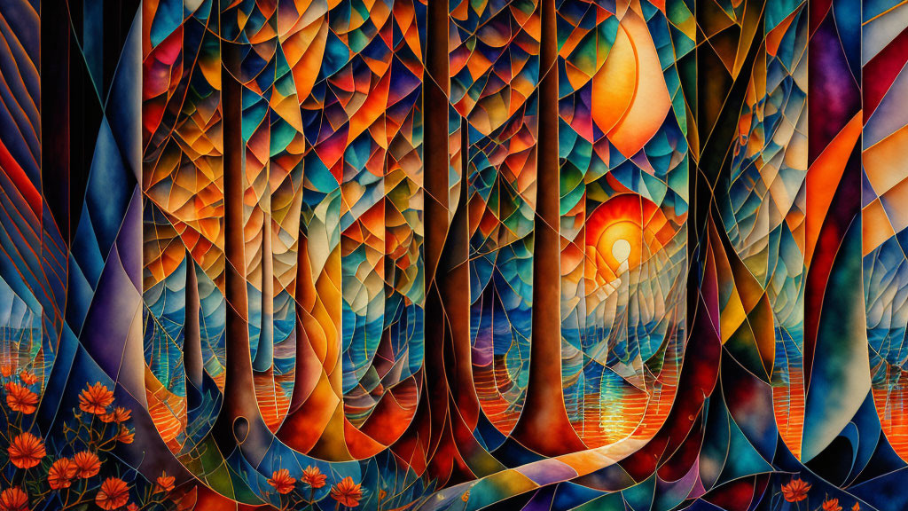 Colorful Abstract Painting with Swirling Patterns and Nature-inspired Geometric Shapes