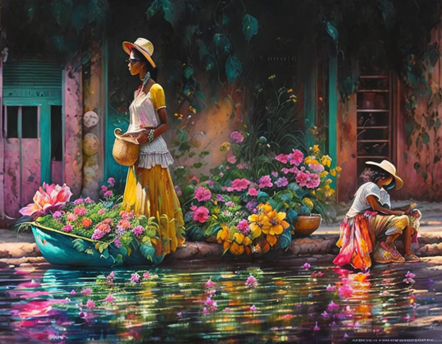 Colorful painting: Two people by flower boat on waterway