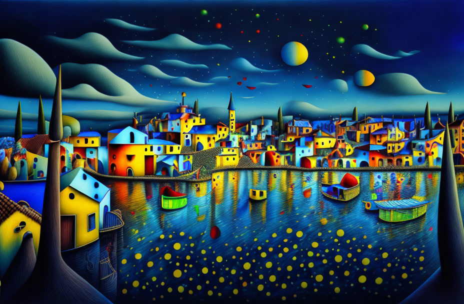 Colorful coastal town painting: vibrant houses, boats, starry night.