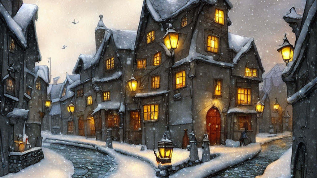 Winter Village Scene with Snow and Warm Lighting