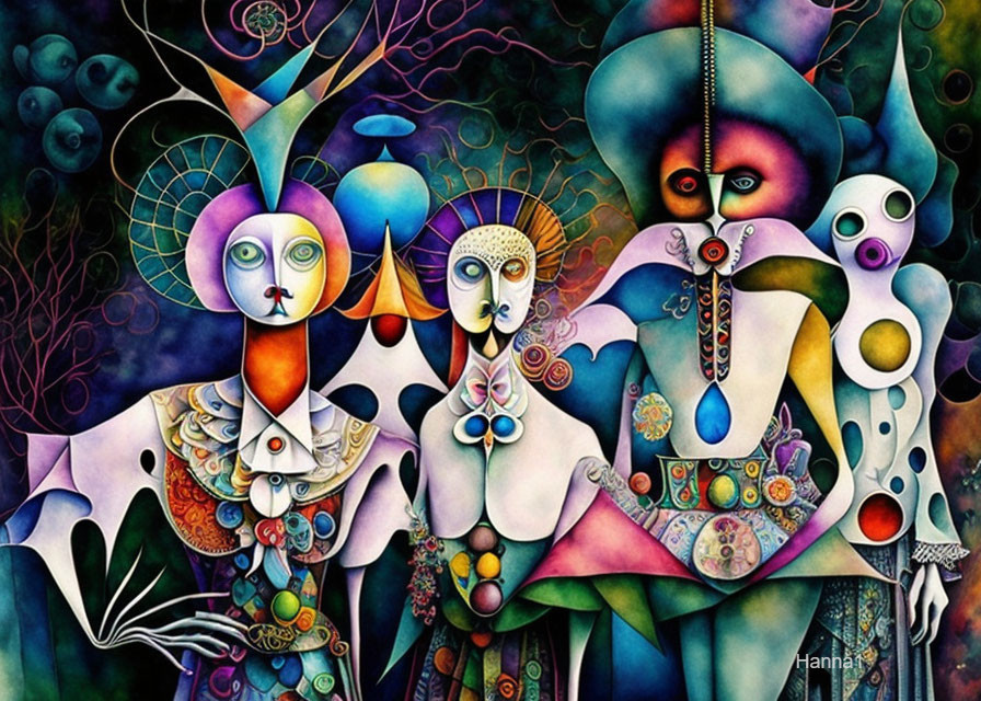 Vibrant abstract painting with whimsical humanoid figures on dark background