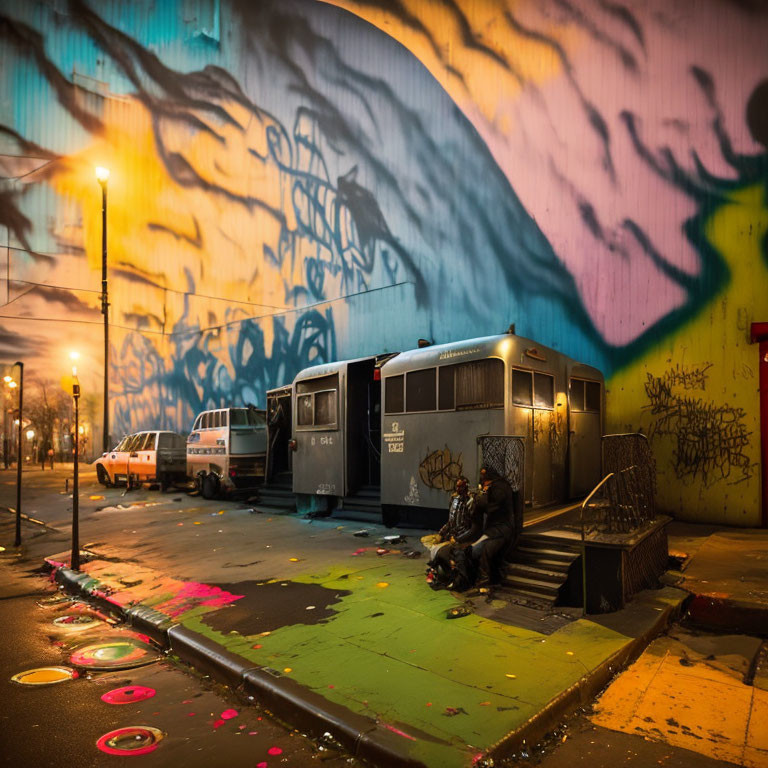 Person sitting by colorful street mural at night with parked vehicles and vibrant paint splatters