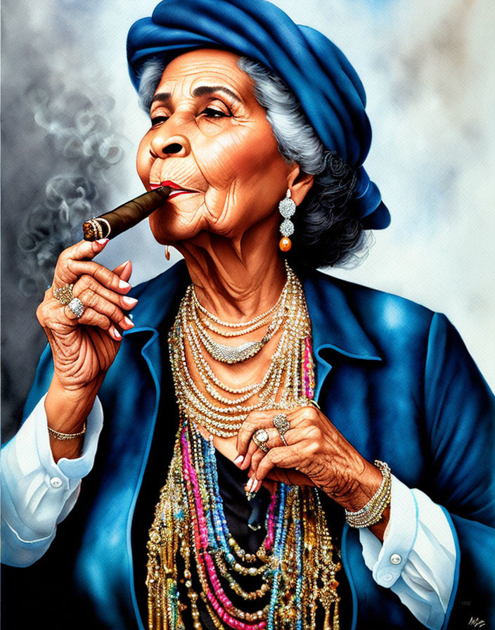 Elderly lady in blue hat smoking cigar with elegant accessories against moody backdrop