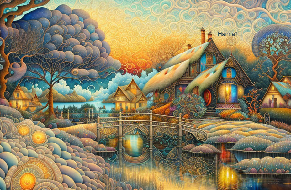 Colorful fantasy landscape with whimsical houses, bridge, reflective water, trees, and patterned clouds