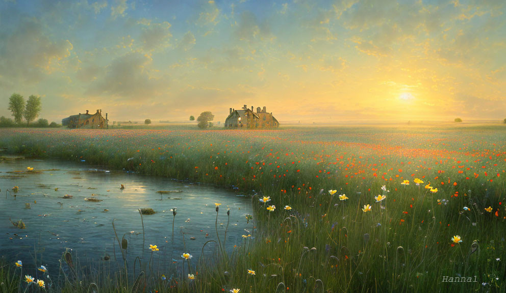 Tranquil field of poppies and daisies at sunrise with pond and cottages