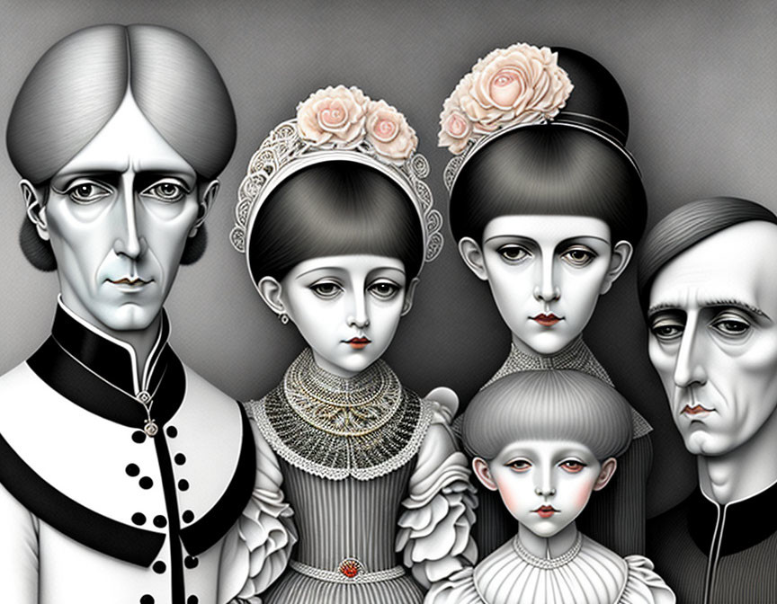 Monochrome Victorian family illustration with somber expressions