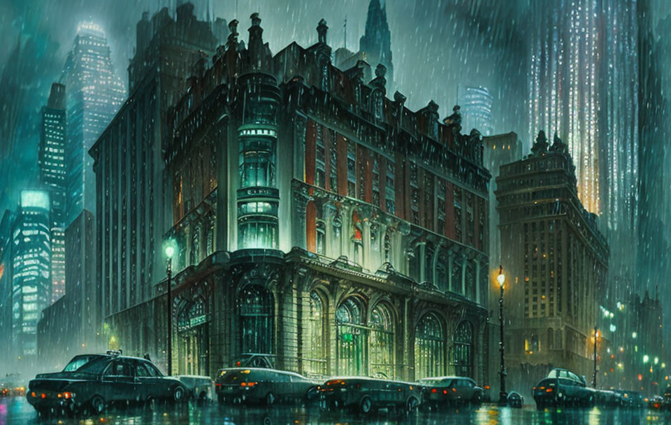 Historic city night scene with illuminated buildings, rainy streets, and passing cars.