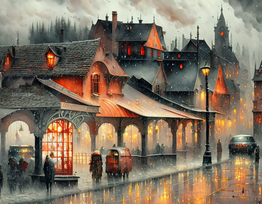 Snow-covered village evening scene with train station, vintage cars, pedestrians under umbrellas