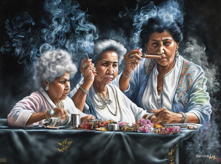 Elderly women in elegant attire lighting pipes at table