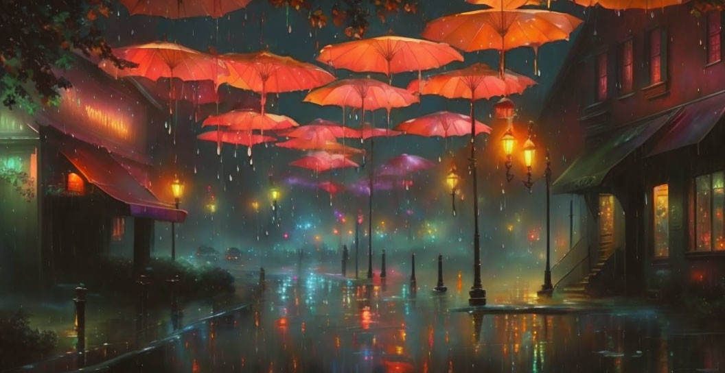 Colorful hanging umbrellas on a wet street at night illuminated by warm lights.