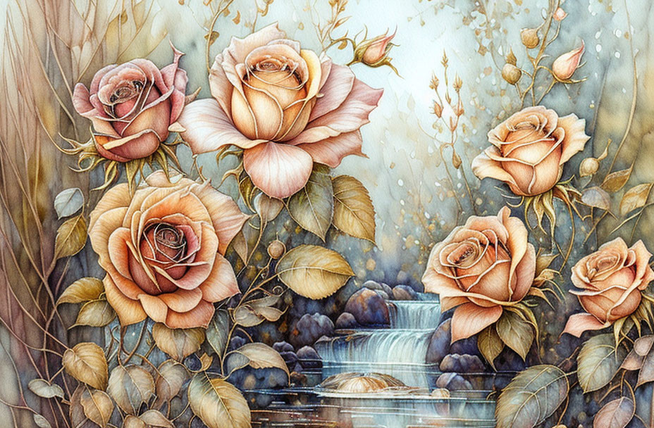 Peach-Colored Roses Illustration with Waterfall Backdrop